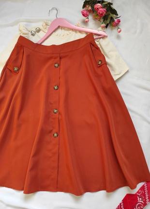 Терракотовая женская юбка миди с пуговицами пышная юбка с карманами5 фото