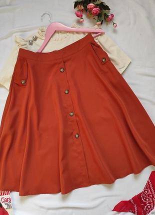 Теракотова жіноча спідниця міді з ґудзиками пишна юбка з кишенями3 фото