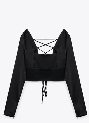 Черная атласная сатиновая под шелк блуза блузка с открытой спиной на завязках кофта длинный рукав лонгслив