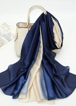 Шовкова шаль палантин шарф 180х80 см шовк градієнт з бежево-синій