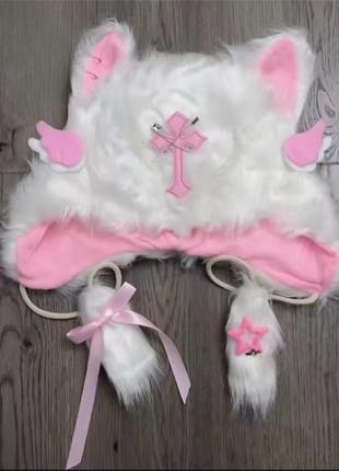 Шапка з котячими вушками, хрестом , крилами янгола хутряна готика гранж y2k lolita