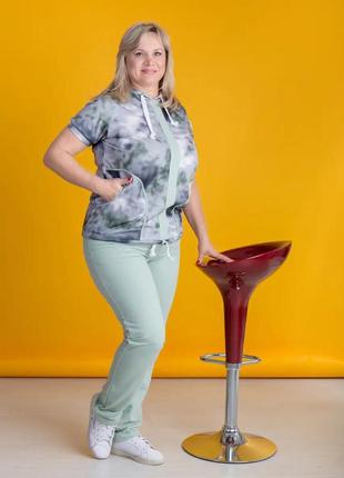 Жіночий красивий літній спортивний костюм двунитка олива zeta-m | комплект блуза, штани великого розміру