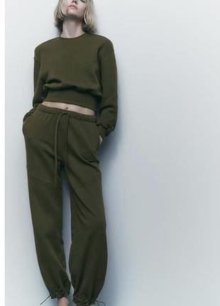 Спортивный трикотажный костюм на флисе кофта штаны трехнить худи zara хаки