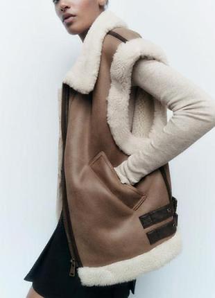 Женский теплый жилет из искусственной овчины zara коричневый мех зима
