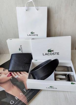 Мужской кожаный подарочный набор lacoste, кошелек+ ремень с двумя пряжками 43656