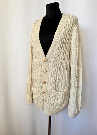 Винтаж бежевый удлиненный теплый кардиган шерстяной на пуговицах косы араны белый кремовый молочный кофта