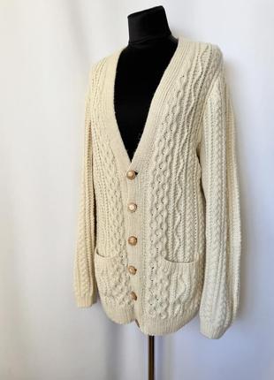 Винтаж бежевый удлиненный теплый кардиган шерстяной на пуговицах косы араны белый кремовый молочный кофта5 фото