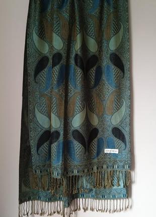 Шарф женский с кисточками в изумрудных тонах,кашемир + шелк.cashmere.