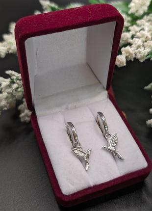 Серебряные серьги кольца конго подвески висюльки птица ласточка 925 англ застежка