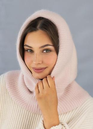 Женская теплая шапка-хомут из шерсти кролика леонела, светлая пудра