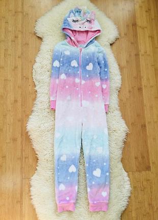 6-7 років, 122 зріст  f&f флісовий пухнастий кігурумі, піжама райдужний одноріг з очками і рогом на