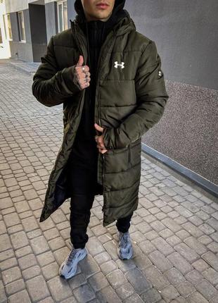 Зимний удлиненный пуховик хаки