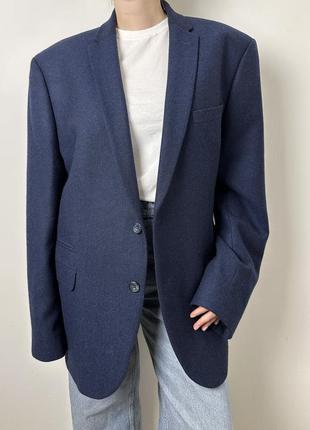 Синий шерстяной пиджак в елочку из мужского гардероба оверсайз2 фото