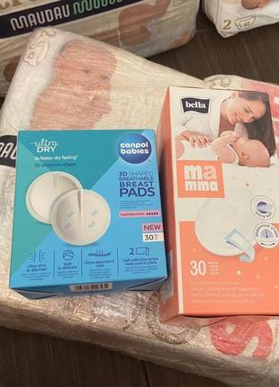 Набір: підгузки  huggies extra care 2;  лактаційні вкладиші (canpol и bella);  підгузки 5 free life by bebe cash
