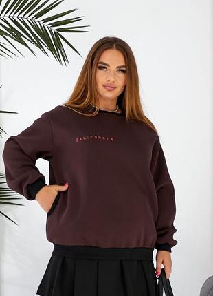 Женская кофта батник свитшот шоколадная коричневая тепла из трехнитки пенье с карманами оверсайз утепленный