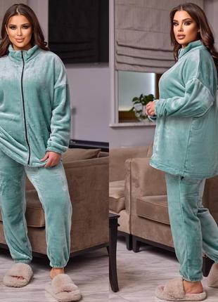 Женская качественная теплая мягкая пижама черная ментоловая, домашний теплый костюм кофта и штаны