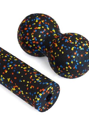 Массажный набор rollerua гладкий ролик мини 15х5,3 см и двойной мяч 16х8 см black