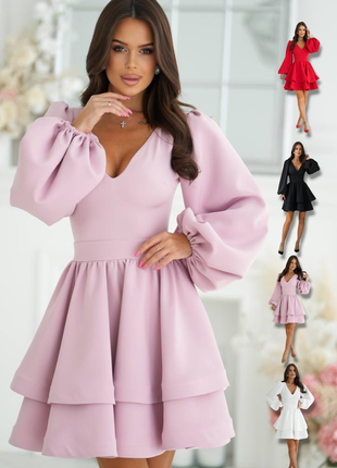 Сукня коротка міні з пишною подвійною спідницею baby doll вечірня святкова з рукавами ліхтариками рожева пудрова біла молочна весільна чорна червона
