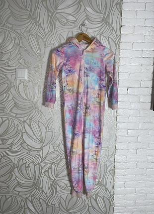 Велюровая кигуруми в принт единорога цельная пижама с капюшоном слип на девочку 8- 9р 128-134см tu