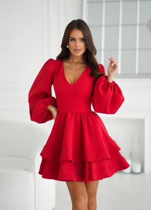 Сукня коротка міні з пишною подвійною спідницею baby doll вечірня святкова з рукавами ліхтариками рожева пудрова біла молочна весільна чорна червона8 фото