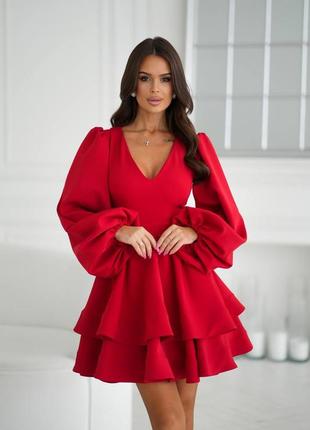 Сукня коротка міні з пишною подвійною спідницею baby doll вечірня святкова з рукавами ліхтариками рожева пудрова біла молочна весільна чорна червона5 фото