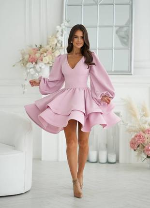 Сукня коротка міні з пишною подвійною спідницею baby doll вечірня святкова з рукавами ліхтариками рожева пудрова біла молочна весільна чорна червона8 фото