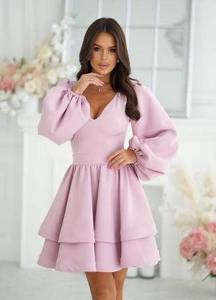 Платье короткое мини с пышной двойной юбкой baby doll вечернее праздничное с рукавами фонариками розовая пудровая белая молочная черная белая