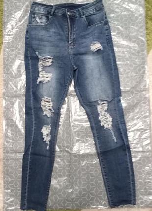 Синие, рваные джинсы скинни. срейч. высокая посадка -  shein  - р. м