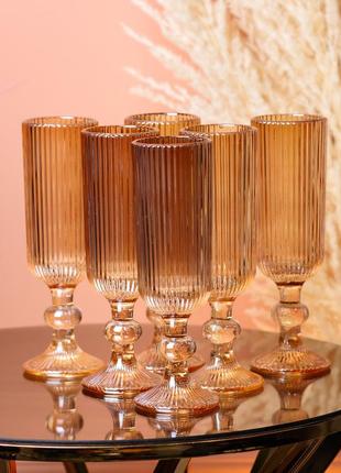 Бокалы под шампанское высокие бокалы рифленые из толстого стекла 6 штук янтарный