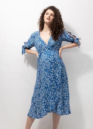 Платье на запах женское синее платье на запах с воланами для беременных и кормящих свободное женское платье