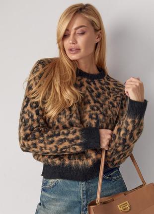 Жіноча леопардова кофта з ворсистої пряжі - кавовий цвет, l (є розміри)