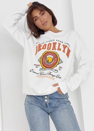 Трикотажний світшот на флісі з написом brooklyn - молочний цвет, l (є розміри)