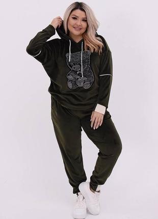 Спортивний костюм жіночий двойка (кофта та штани) турецький велюр із капюшоном великі розміри сі-1488