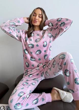 Піжама жіноча тепла рожева з котиками м'яка велсофт