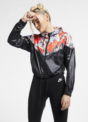Жіноча вітрівка nike з капюшоном, квітковий принт, оранжевий з чорним і синім, розмір 2xl