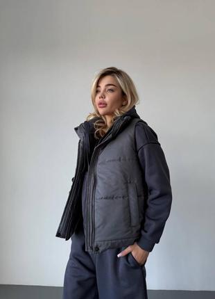 Спортивний костюм трійка на флісі худі з капюшоном на блискавці штани широкі і жилетка5 фото