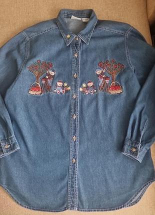 Винтажная джинсовая рубашка с вышивкой медведи собирают яблоки bobbie brooks