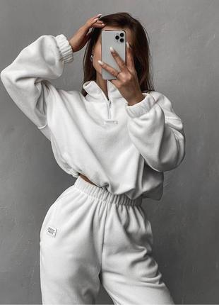 Очень теплый зимний спортивный костюм женский 42-46 двухсторонний плотный флис белый