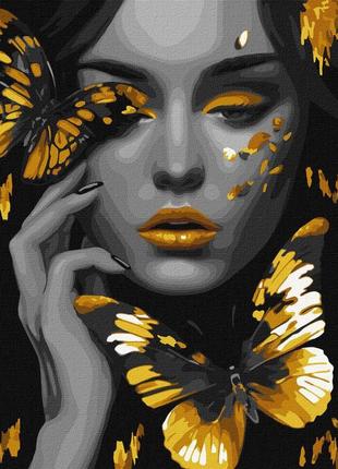 Картина по номерам девушка с золотыми бабочками ©art_selena_ua идейка kho8307 40х50 см с красками металлик ,