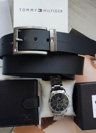 Подарочный мужской набор Tommy hilfiger часы silver, кожаный ремень и кошелек 48794