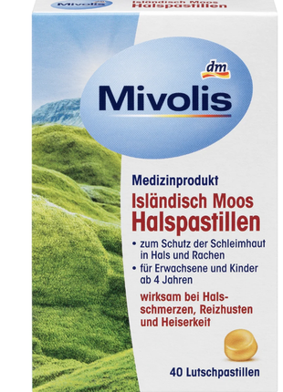 Пастилки від горла та кашлю з ісландського моху 40 шт mivolis isländisch moos halspastillen, 40 st