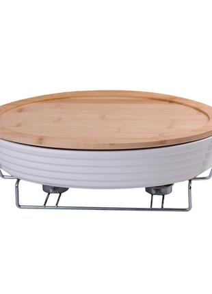 Мармит керамический с бамбуковой крышкой 1.8 л  на металлической подставкой с подогревом