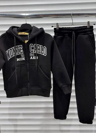 Дитячий чорний спортивний костюм зимовий тринитка на флісі, теплі комплекти для хлопчиків підлітків 6-10 років