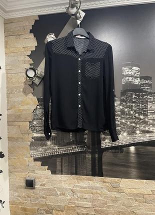 Жіноча сорочка блуза чорна з вставками в білий горох