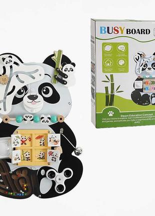 Бізіборд "панда", дерев'яний, 9 ігор, пальчиковий лабіринт, магнітна гра, спинер, дверцята c 68272