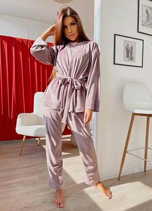 Розкішний жіночий велюровий костюм / піжама - трійка (футболка + штани + халат) мокко