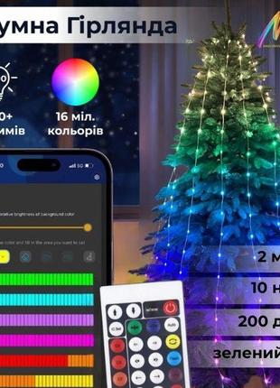 Розумна гірлянда smart 200 led довжина 2 м з керуванням зі смартфона зелена, мультиколор