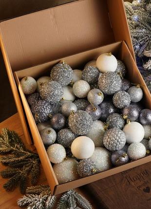 Набір куль "блиск" 40 шт. срібний. подарунковий набір ялинкових кульок кульки на ялинку новорічні