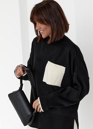 Женская кофта oversize с карманом на груди - черный цвет, s (есть размеры)6 фото