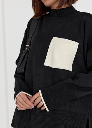 Женская кофта oversize с карманом на груди - черный цвет, s (есть размеры)4 фото